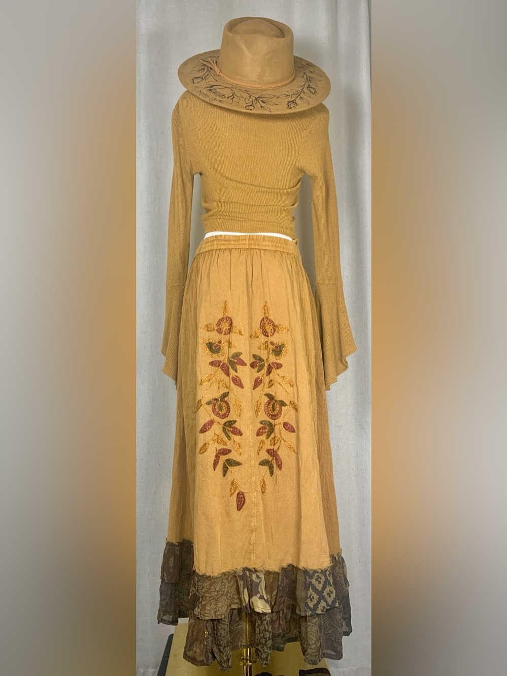 Young Threads Embroidered Boho Maxi Skirt | Camel | New - Picture 3 of 5
